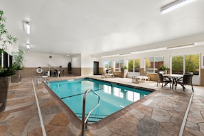 Indoor pool, open 9:00 AM to 10:00 PM, sun loungers