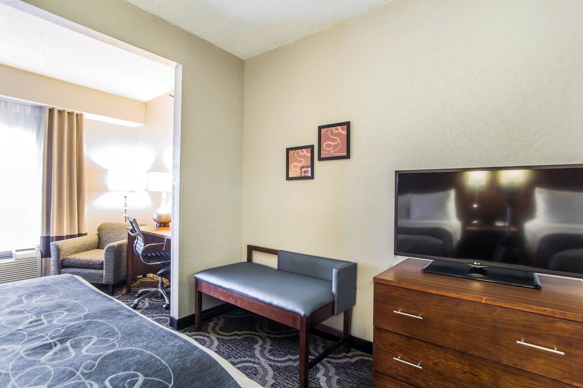 A hotel room with a bed, a desk, a chair, a television, and two framed pictures on the wall.