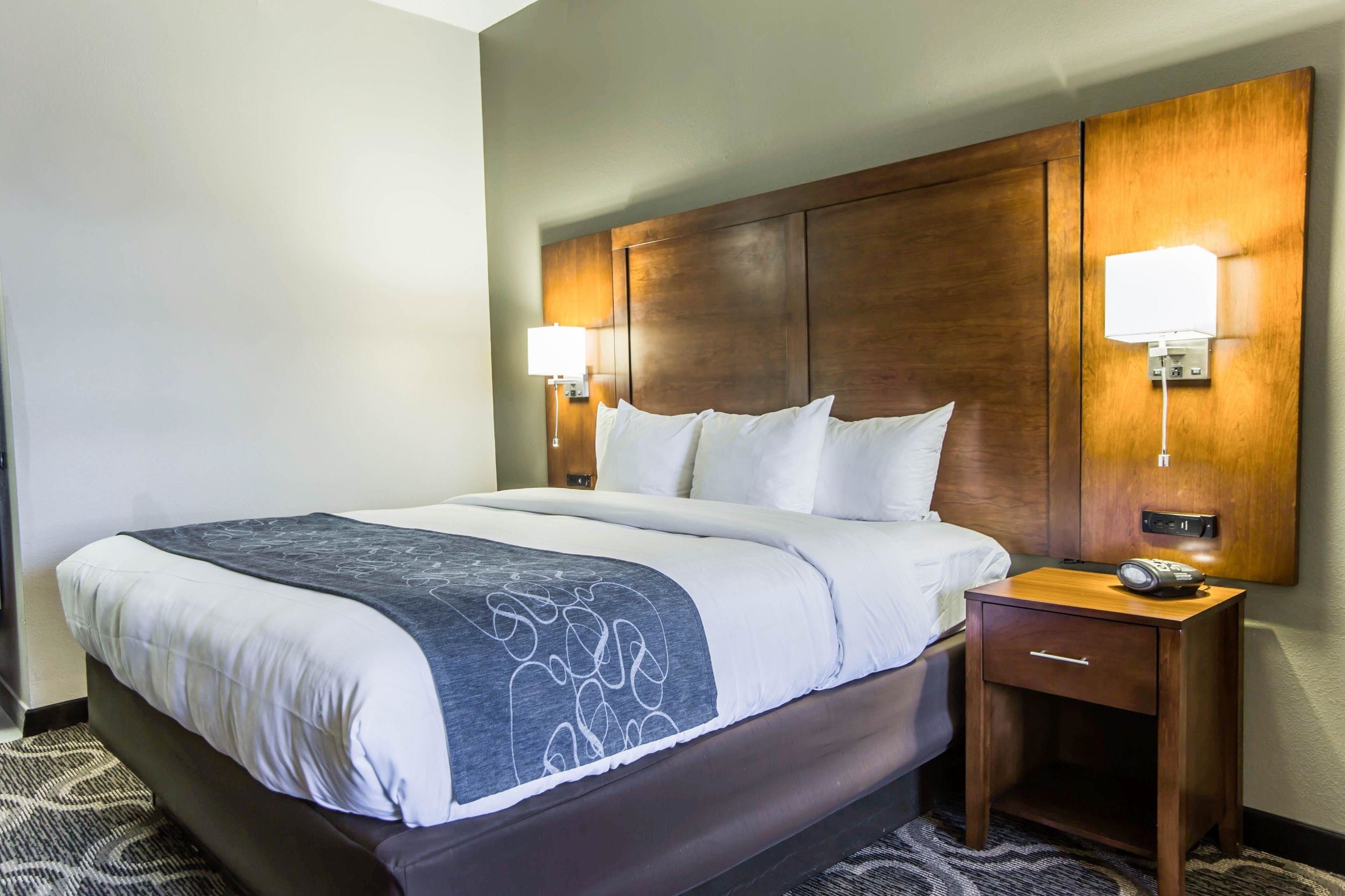 hypo-allergenic bedding, desk, laptop workspace, blackout curtains