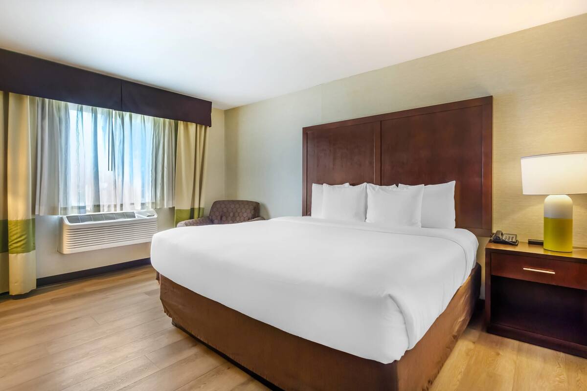 A hotel room with a large bed, a bedside table with a lamp, a chair, and a window with curtains.