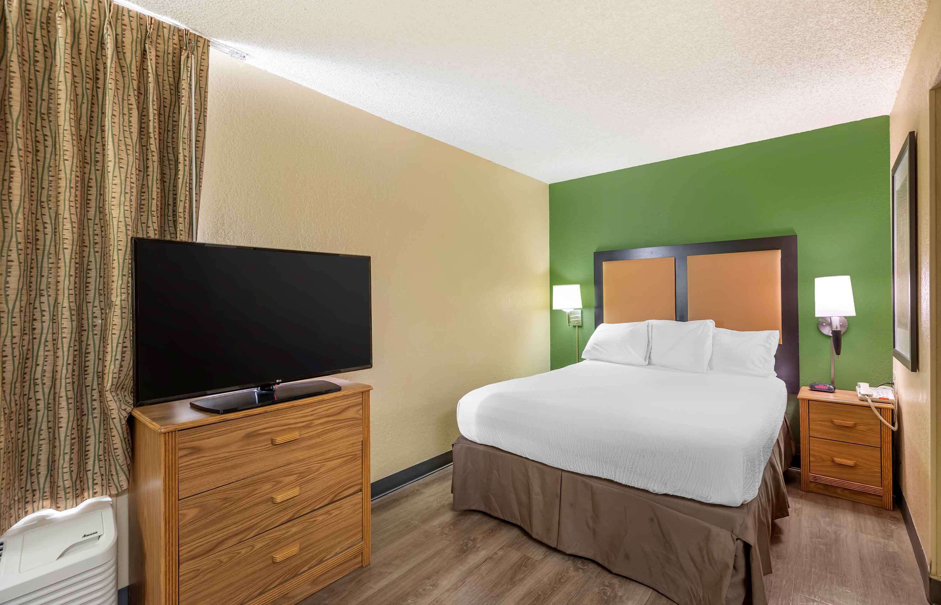 Habitación de hotel con una cama, un televisor sobre un tocador de madera, una mesita de noche con una lámpara y una pared verde decorativa.