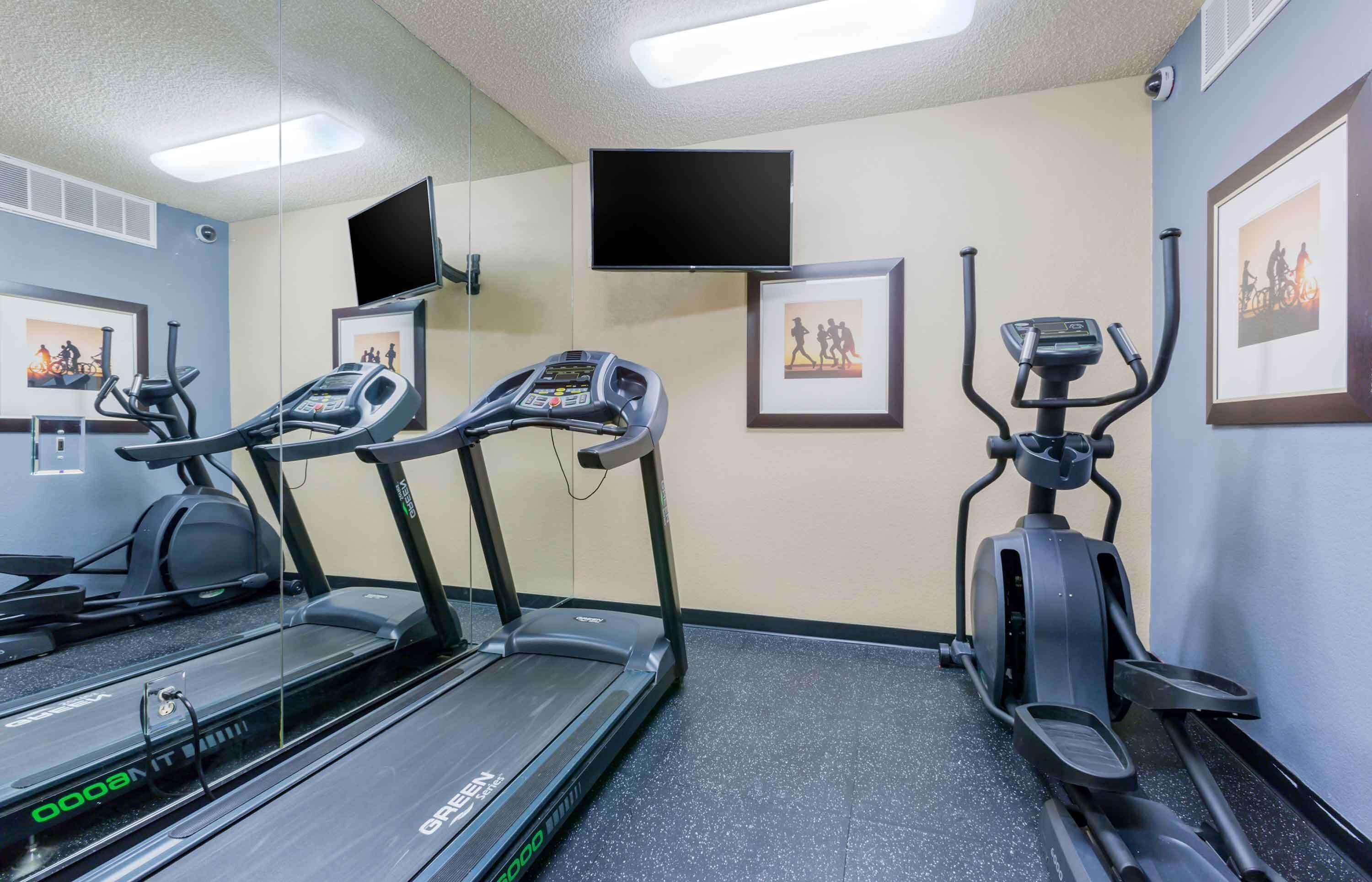 Ein Fitnessraum mit Laufbändern, Crosstrainern und Ergometer.