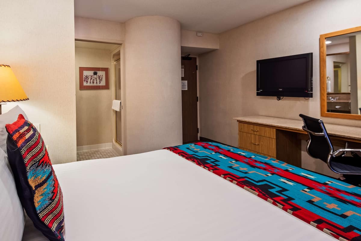 A hotel room with a bed, a desk, a chair, a television, and a shower area.