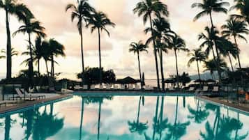 Outdoor pool, pool umbrellas, pool loungers