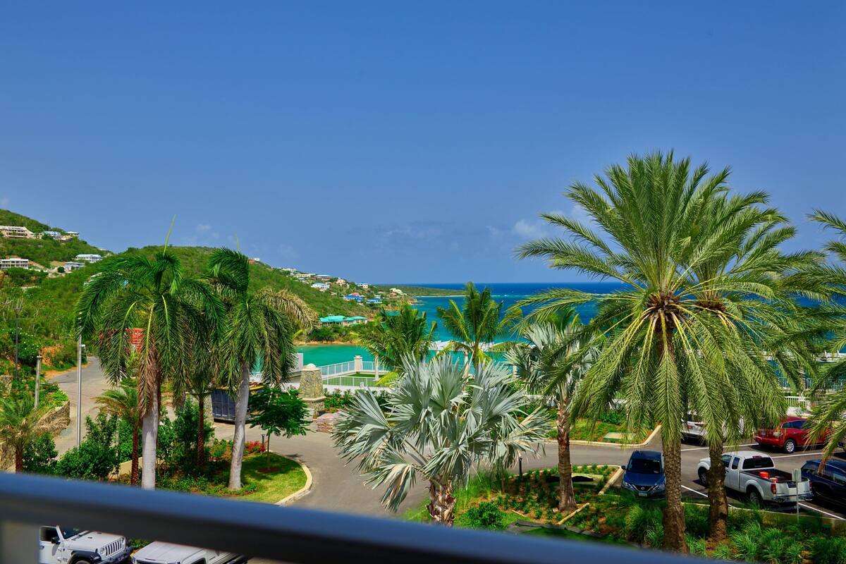 A coastal view with palm trees, parked cars, and a road leading to a building with a blue roof.