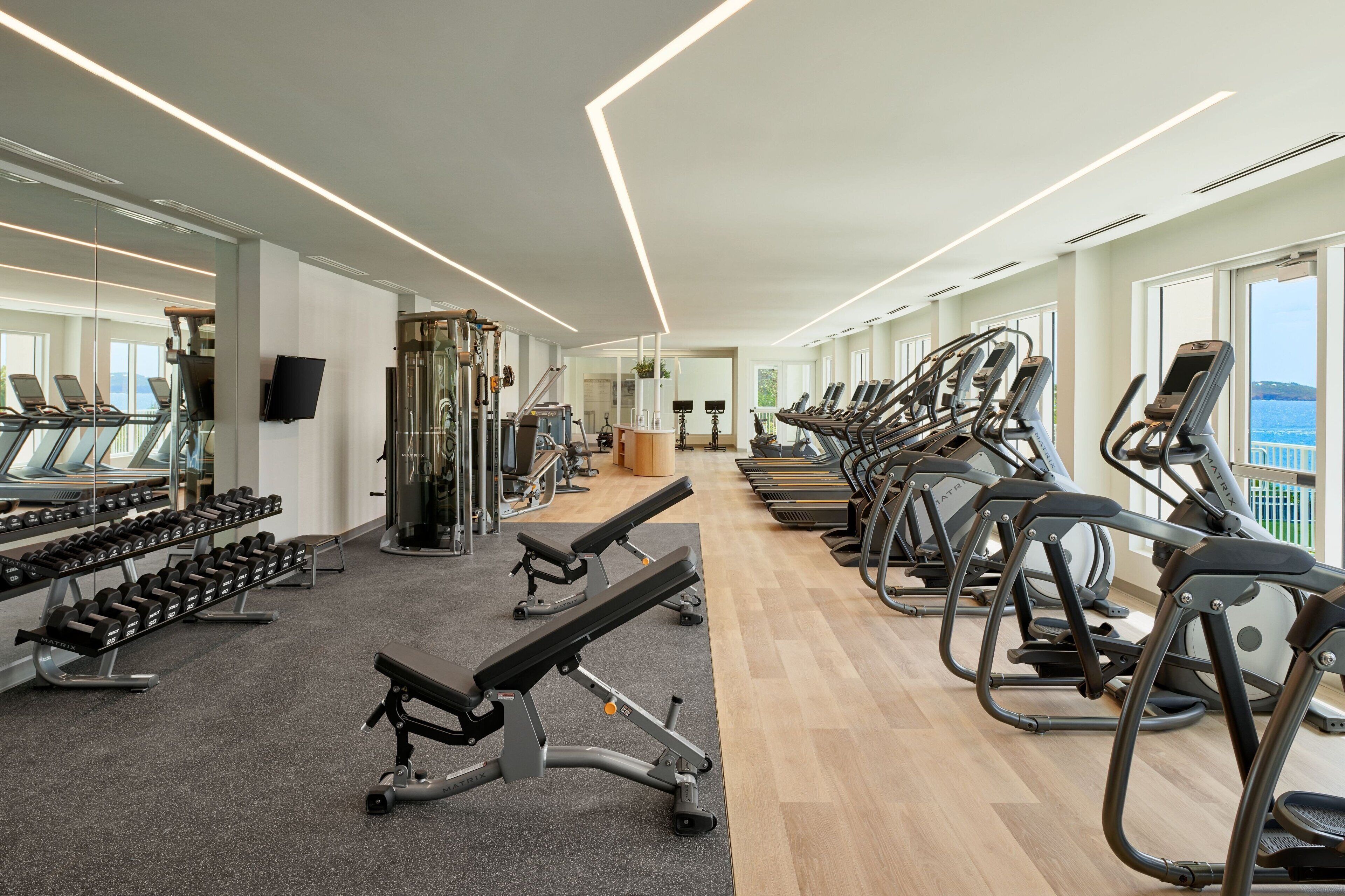 A gym with treadmills, dumbbells, and weight machines.