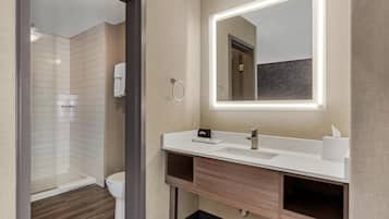 Un bagno moderno con doccia, servizi igienici e lavabo con specchio.