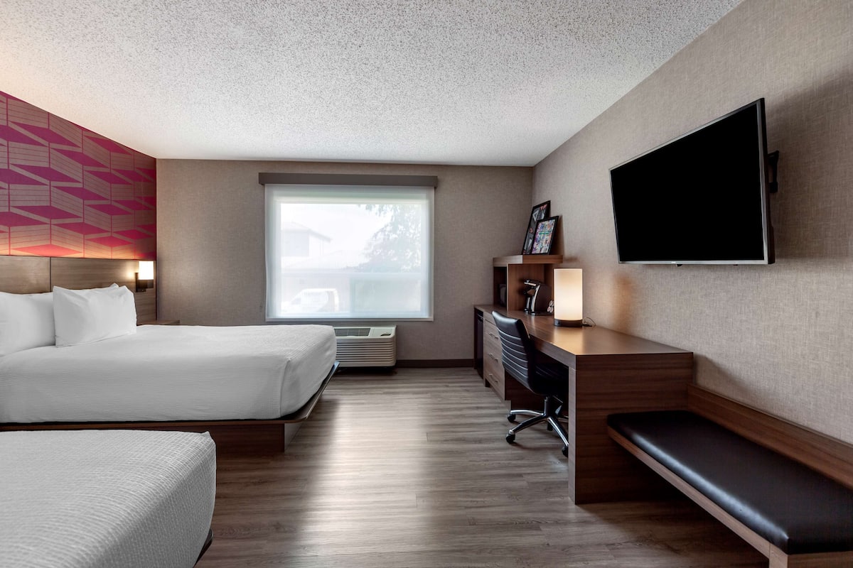 Premium bedding, desk, laptop workspace, blackout drapes