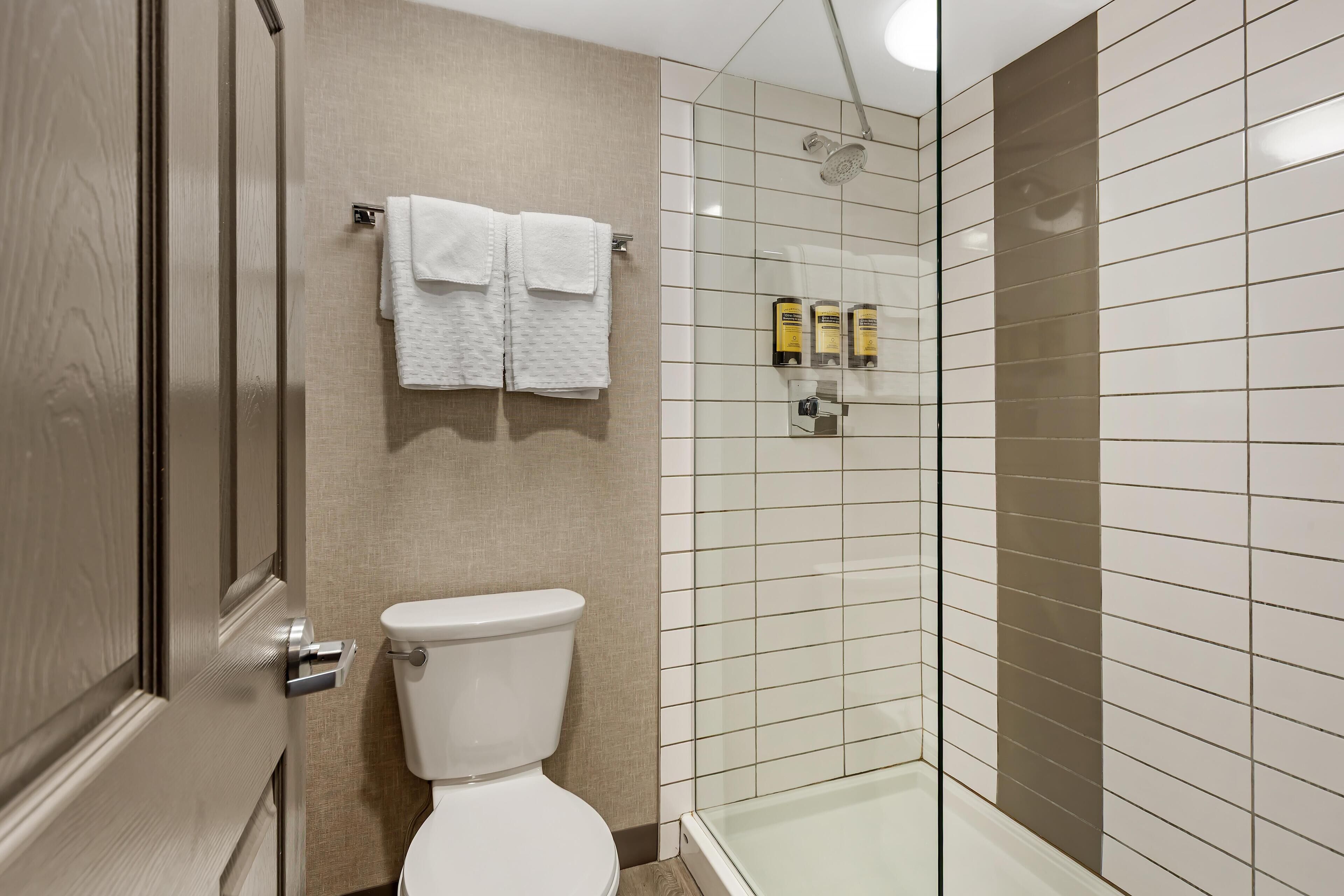 A bathroom with a toilet, a glass shower enclosure, and a towel rack with two white towels.