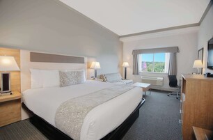 Una habitación de hotel con una cama grande, mesitas de noche, un escritorio, una silla, un televisor y una ventana con vistas.