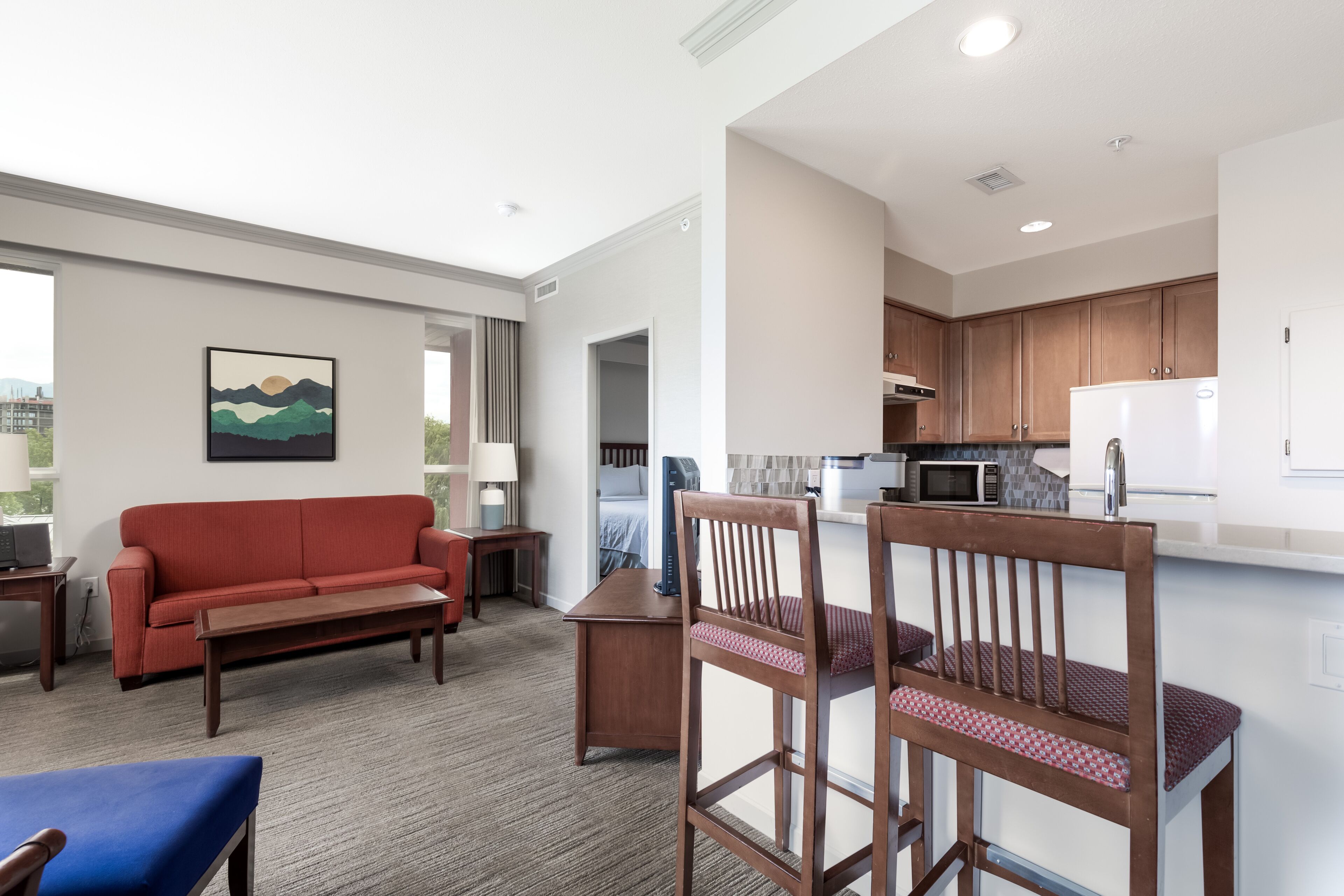 Un apartamento moderno con sala de estar, cocina y comedor.