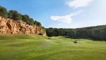 Un campo de golf con un acantilado rocoso y un denso bosque al fondo.