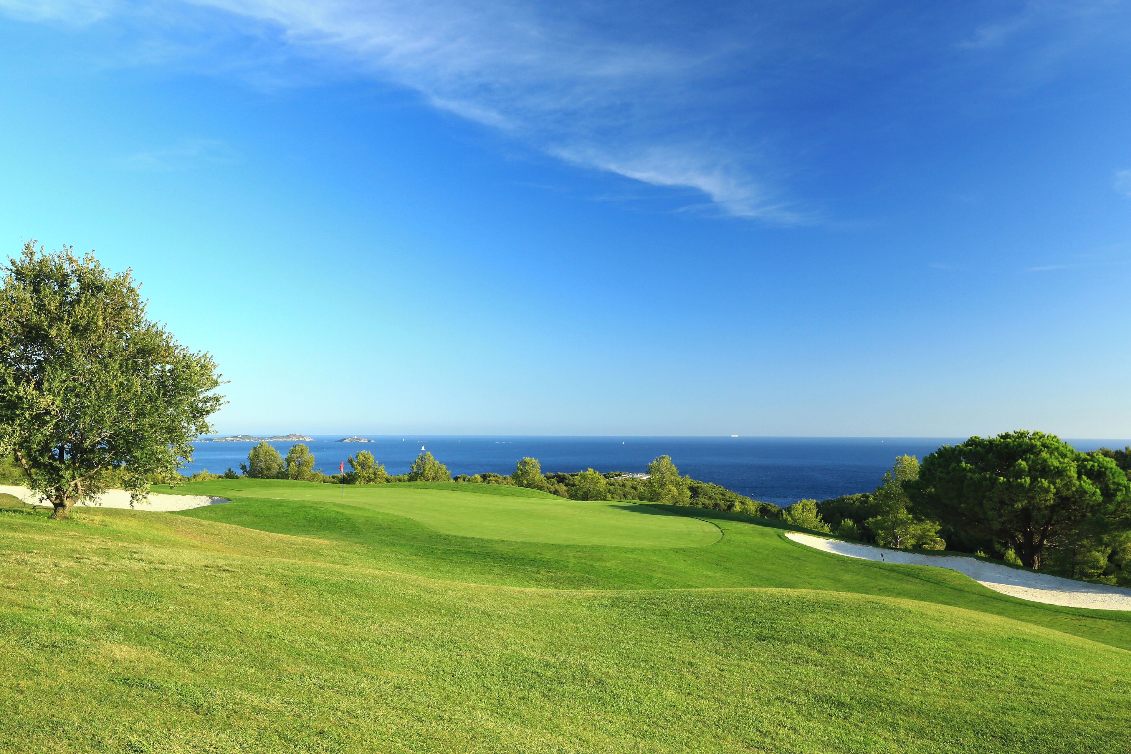Un campo de golf con vistas despejadas al océano y un camino bordeado de árboles.