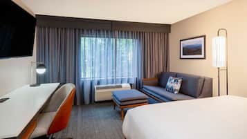 1 bedroom, desk, laptop workspace, blackout curtains