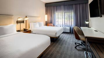 Desk, laptop workspace, blackout curtains, iron/ironing board