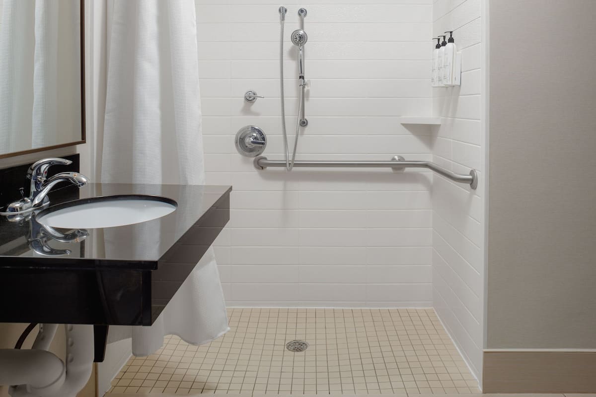 room, 1 king bed, non smoking (mobility/hearing access, roll-in shwr) | bathroom | hair dryer, towels