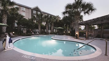 Outdoor pool, pool umbrellas, pool loungers