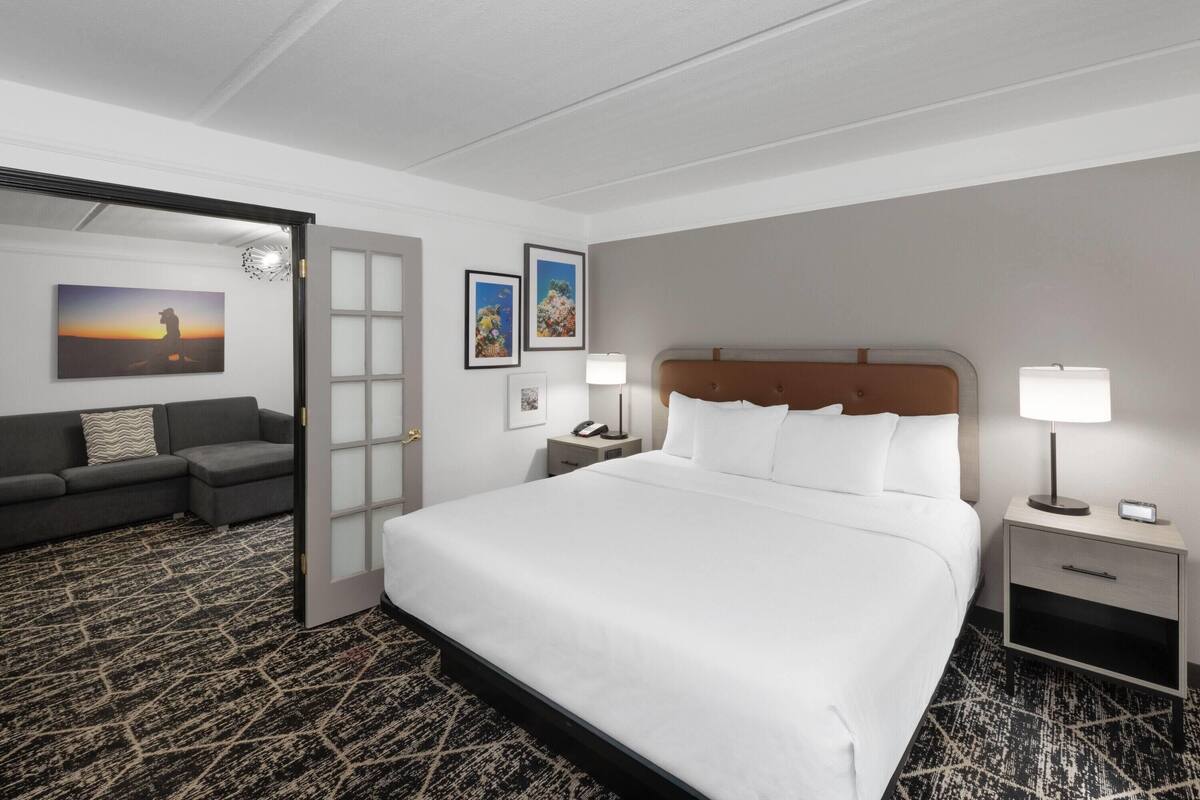 Een hotelkamer met een groot bed, een slaapbank, een nachtkastje met een lamp en een deur naar een andere kamer.