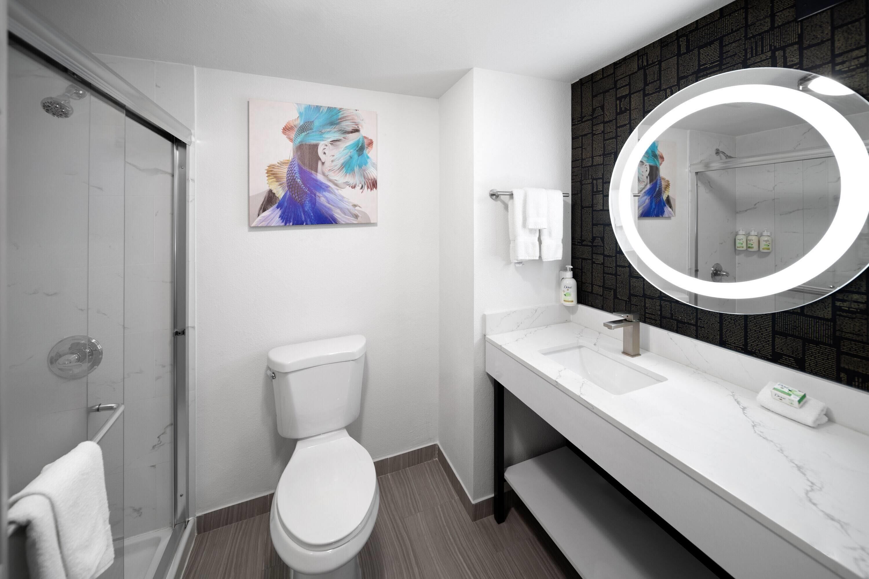 combined shower/bathtub, free toiletries, hair dryer, towels