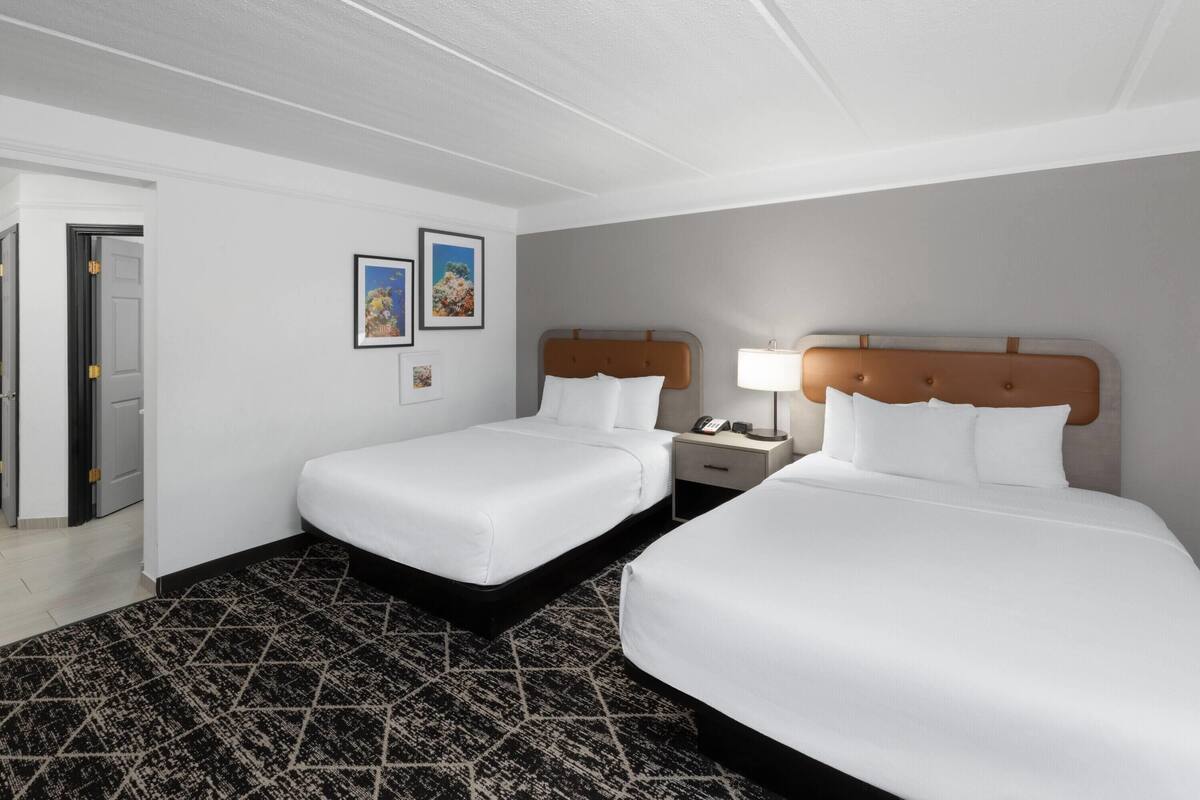 Een hotelkamer met twee bedden, een nachtkastje, een lamp en een deur naar een badkamer.