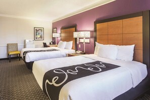 Premium bedding, desk, laptop workspace, iron/ironing board