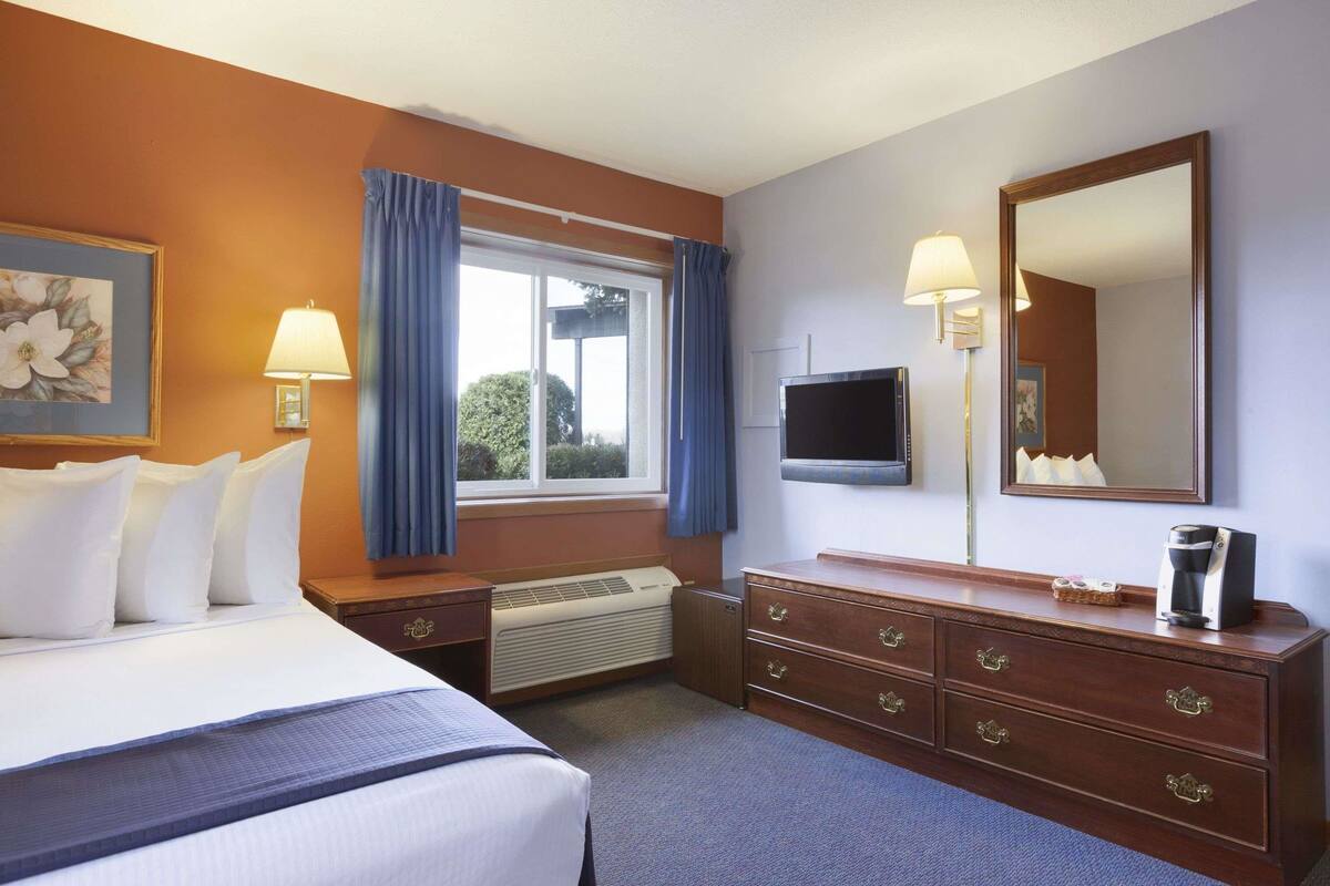 A hotel room with a bed, a dresser, a TV, and a window with curtains.