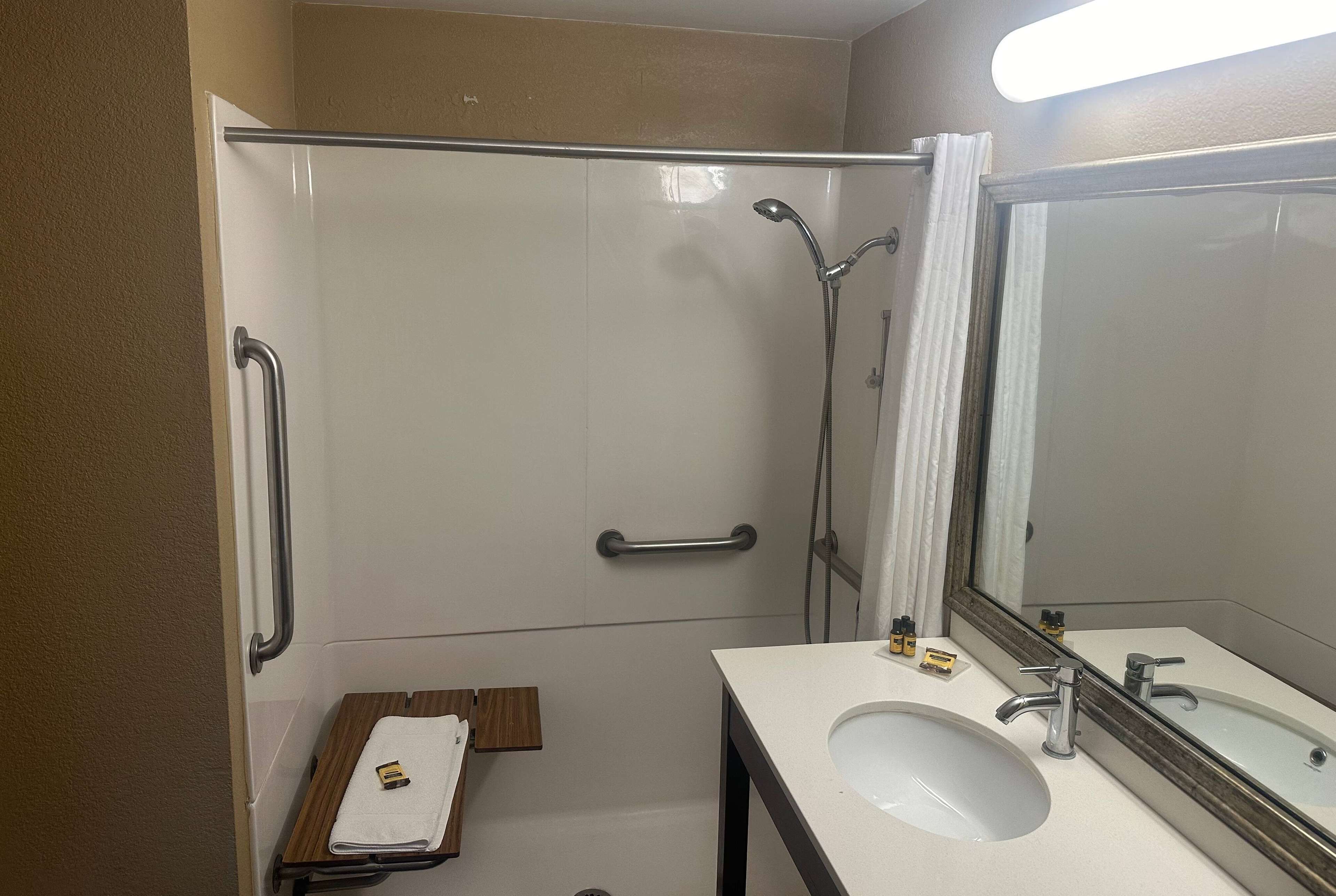 room, 1 king bed, hearing accessible, non smoking (mobility, roll-in shower) | bathroom | free toiletries, hair dryer, towels, soap