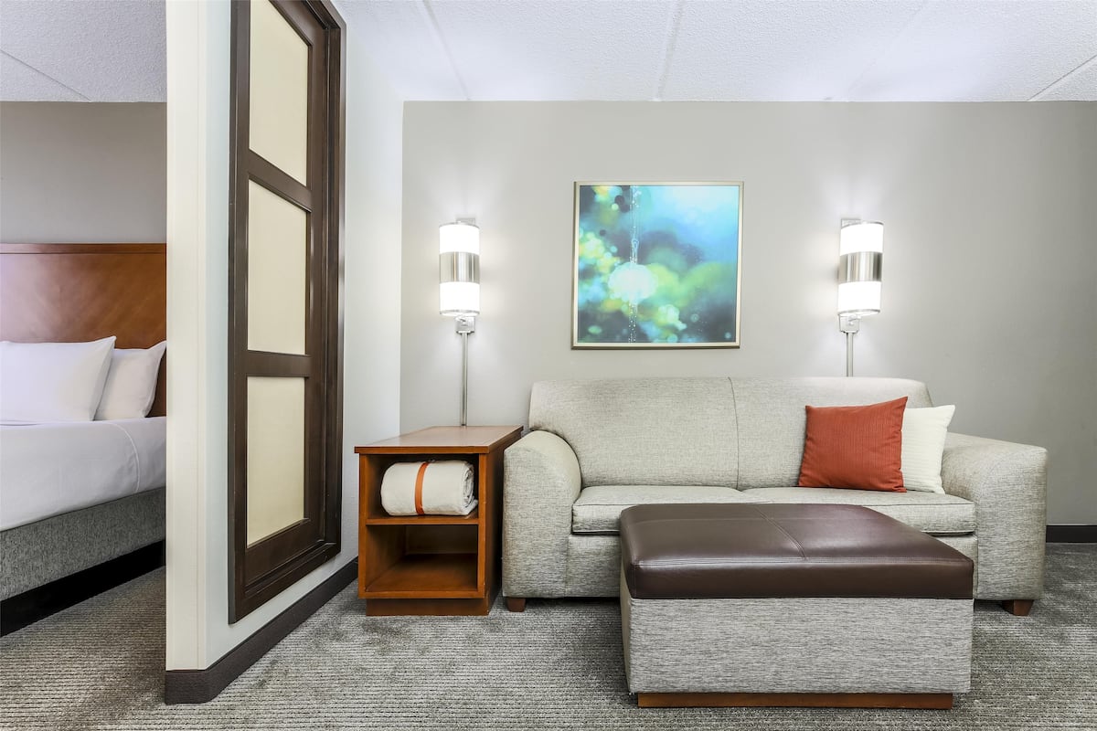 Premium bedding, desk, laptop workspace, blackout curtains
