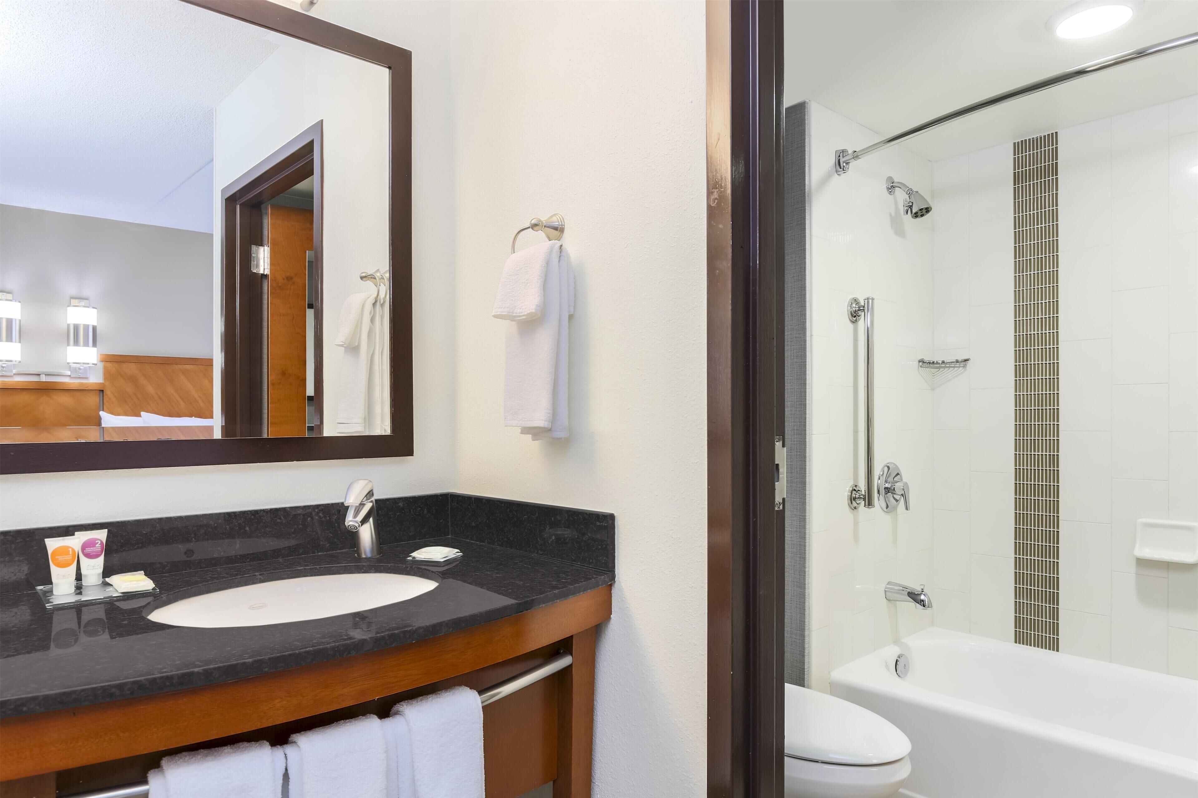 Baño con lavamanos, espejo, toallero y zona de ducha.