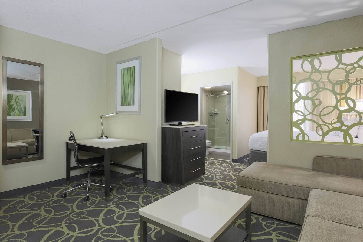 A hotel room with a desk, a television, a sofa, a shower, and a decorative wall panel.