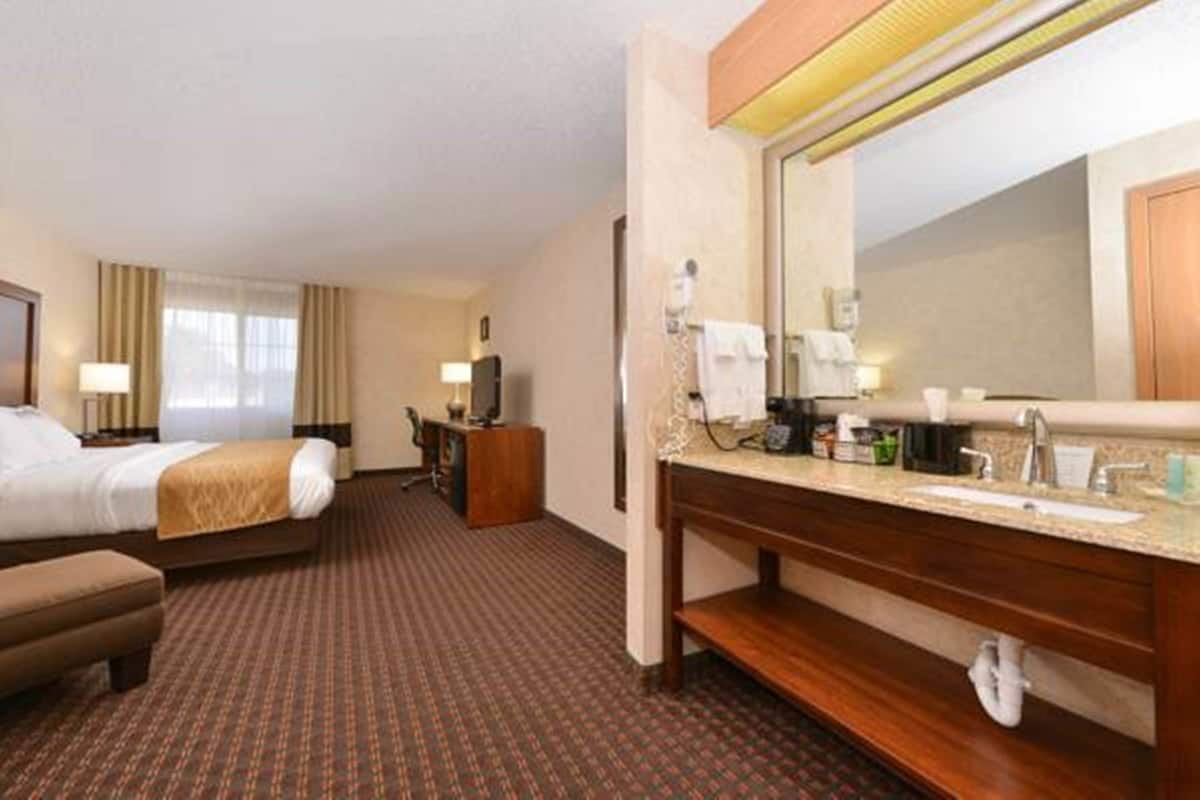 A hotel room with a bed, a desk, a chair, a large mirror, a vanity with a sink, and a carpeted floor.