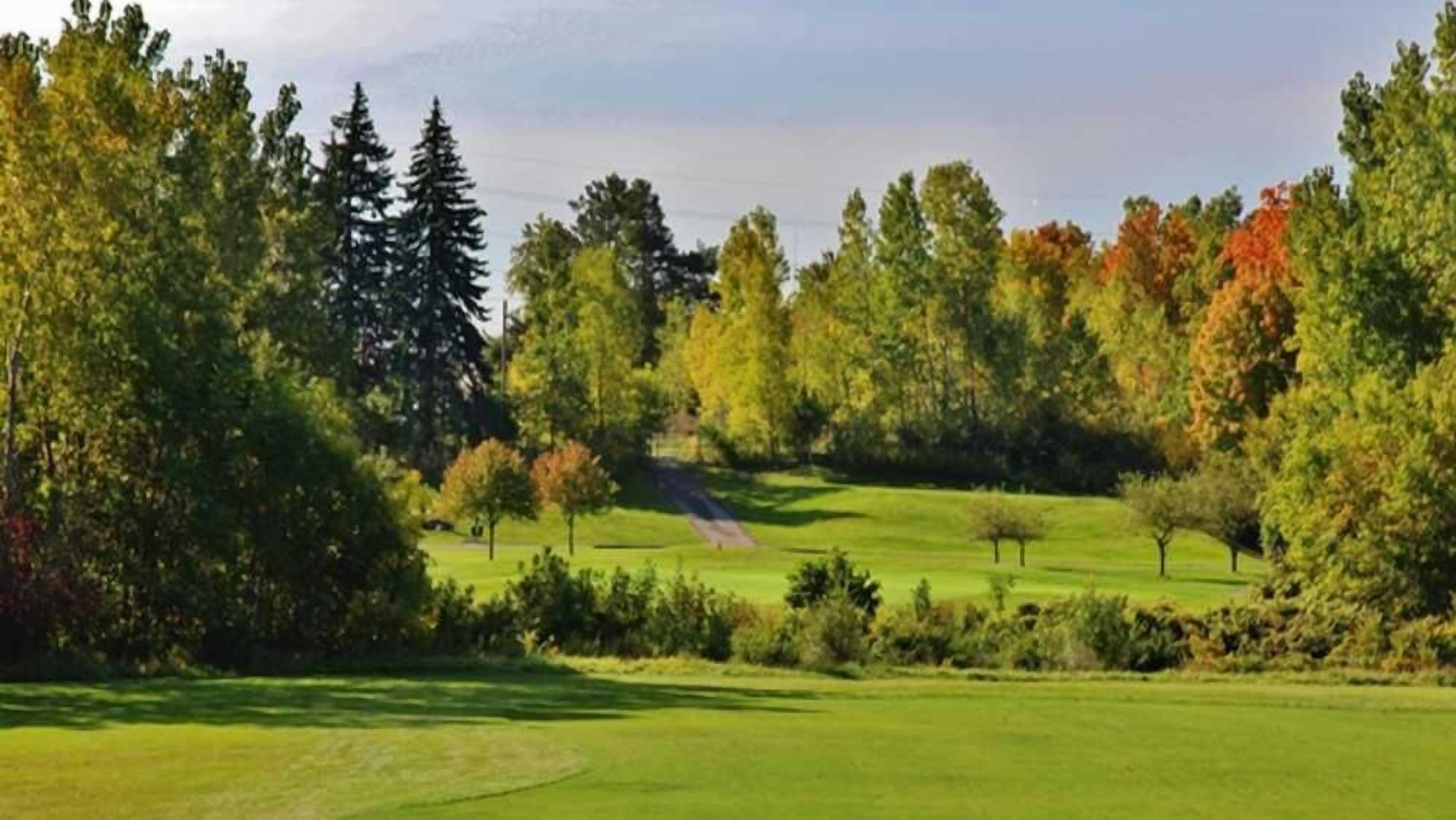 Um campo de golfe com um green bem cuidado, árvores em diferentes tons de outono e um céu limpo.