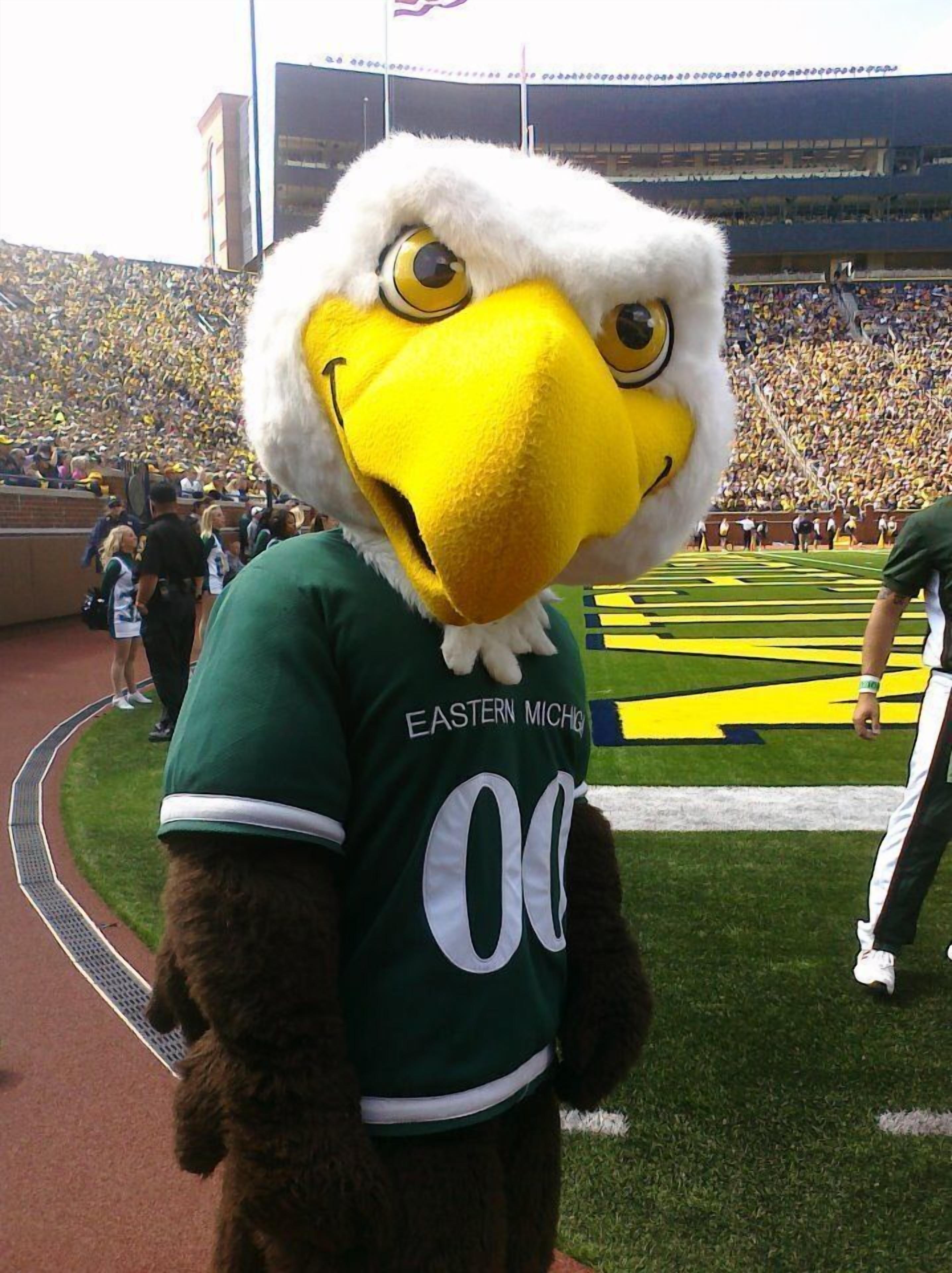 A mascot in a stadium with a crowd in the background.