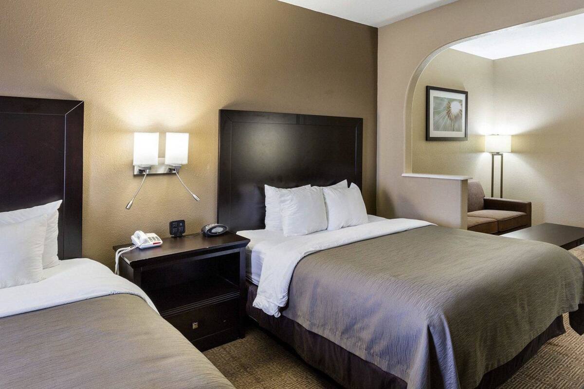 A hotel room with two beds, a bedside table with a phone, a lamp, and a picture on the wall.