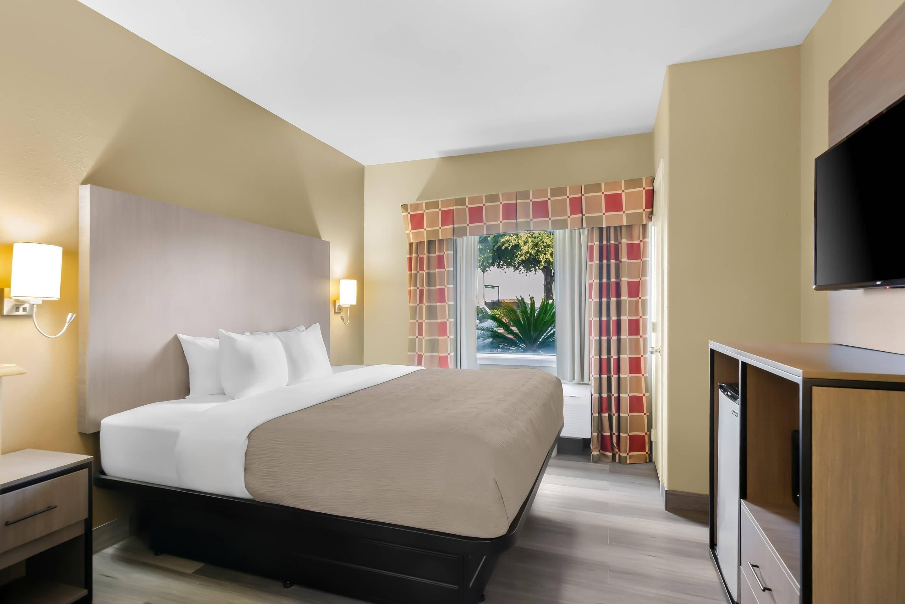 A hotel room with a large bed, bedside lamps, a TV, and a window with curtains.