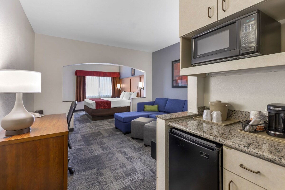 A hotel room with a bed, a sofa, a desk, a microwave, a coffee maker, and a dishwasher.