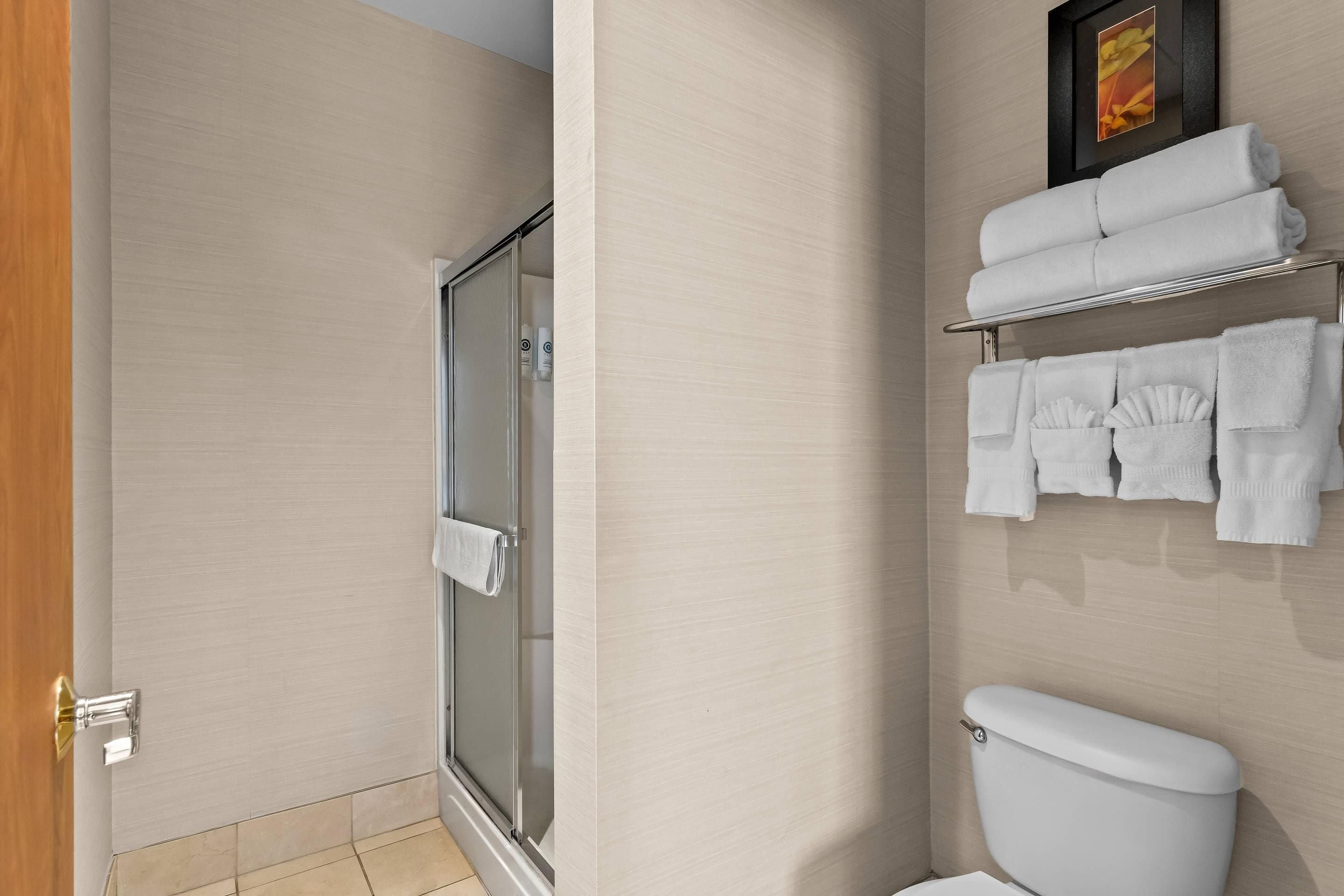A bathroom with a glass shower enclosure, a toilet, and a towel rack with folded towels.