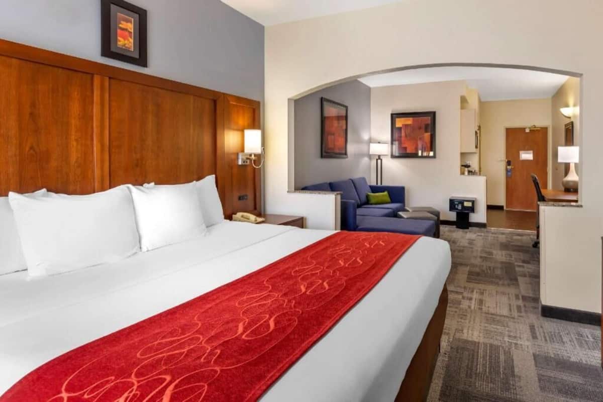 A hotel room with a large bed, a desk, a chair, a sofa, and a small table.