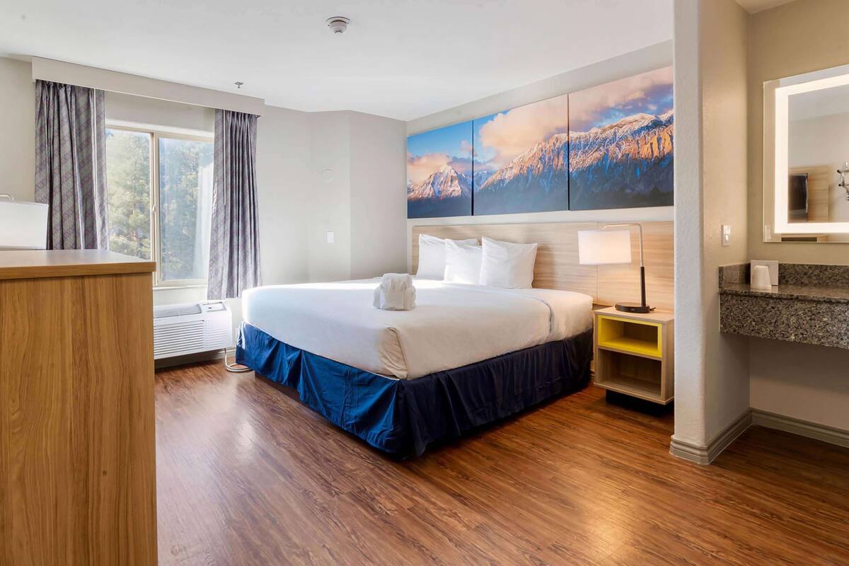 A hotel room with a large bed, a bedside table, a nightstand, a mirror, and a window with curtains.