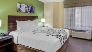 A hotel room with a large bed, a nightstand with a phone, a wall-mounted artwork, a window with sheer curtains, and an air conditioning unit. - Sleep Inn Denver Tech Center (Greenwood Village)