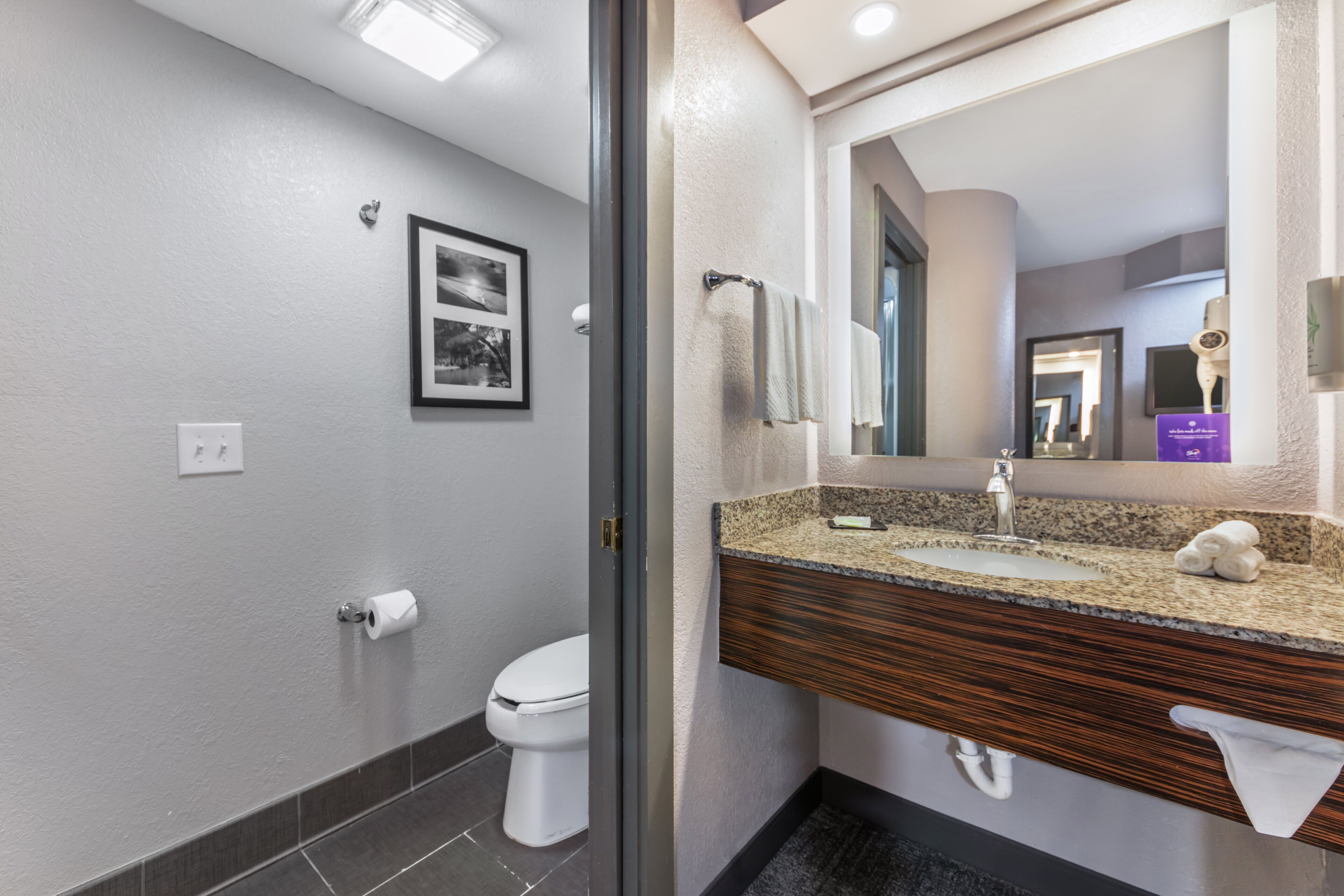 A modern bathroom with a toilet, sink, and mirror.