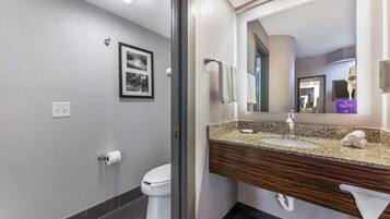 A modern bathroom with a toilet, sink, and mirror.