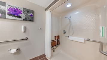 Un baño con ducha, barra de apoyo, dispensador de papel higiénico y perchero para toallas.