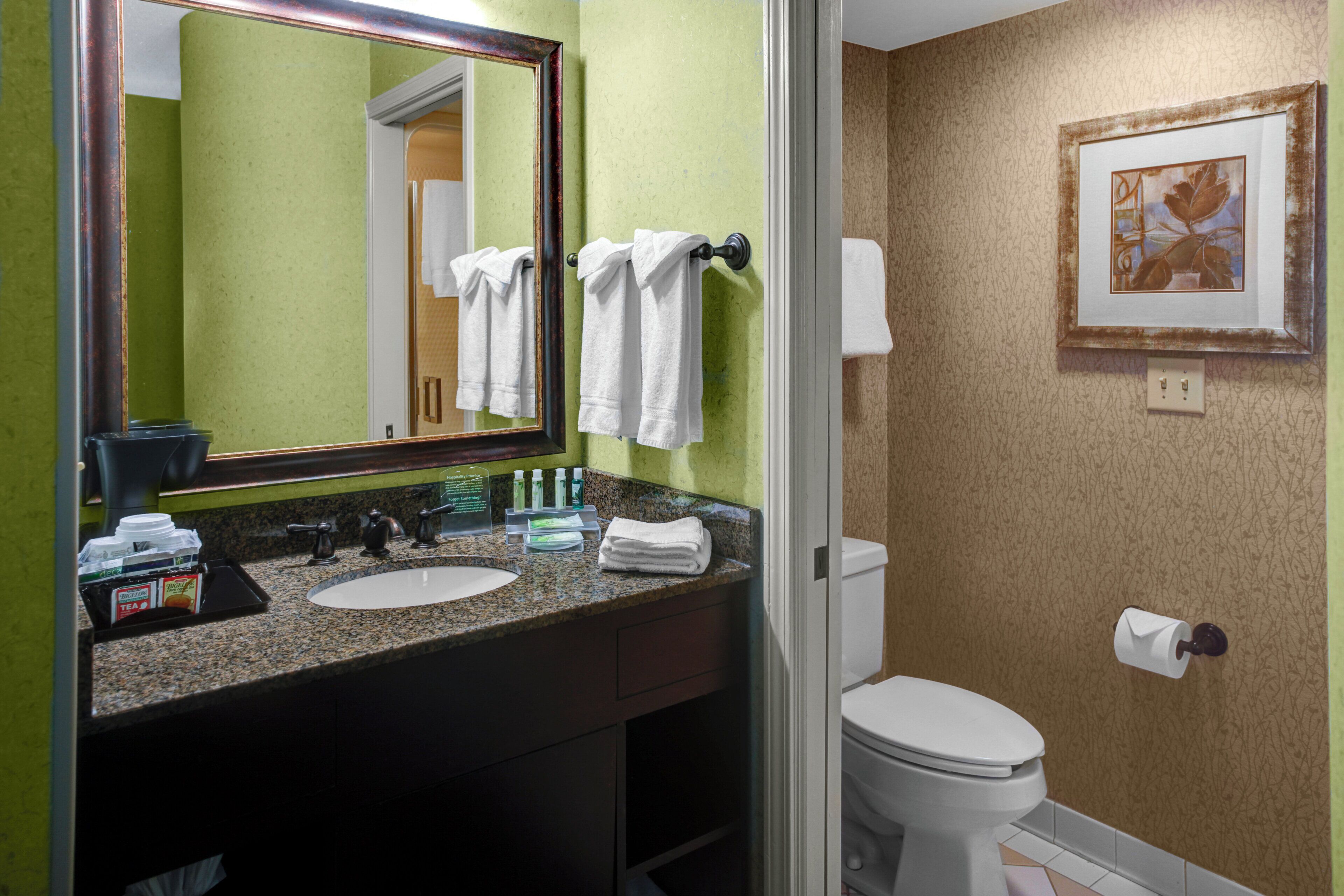 A bathroom with a sink, mirror, towel rack, toilet, and a framed picture on the wall.