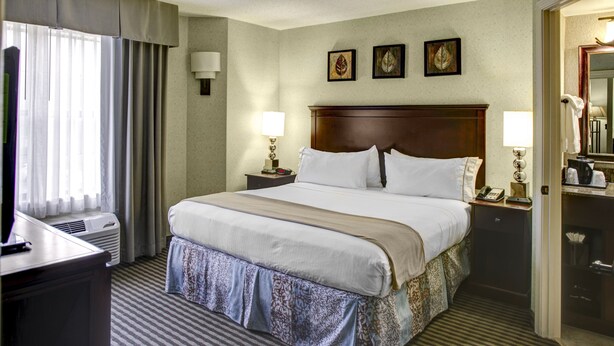 A hotel room with a large bed, two bedside tables with lamps, a desk, and a wardrobe. - Holiday Inn Express & Suites Atlanta Buckhead by IHG (Atlanta)