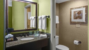 A bathroom with a sink, mirror, toilet, and towels. - Holiday Inn Express & Suites Atlanta Buckhead by IHG (Atlanta)