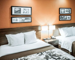 Standard Room, 2 Queen Beds, Non Smoking | Desk, laptop workspace, blackout curtains, iron/ironing board