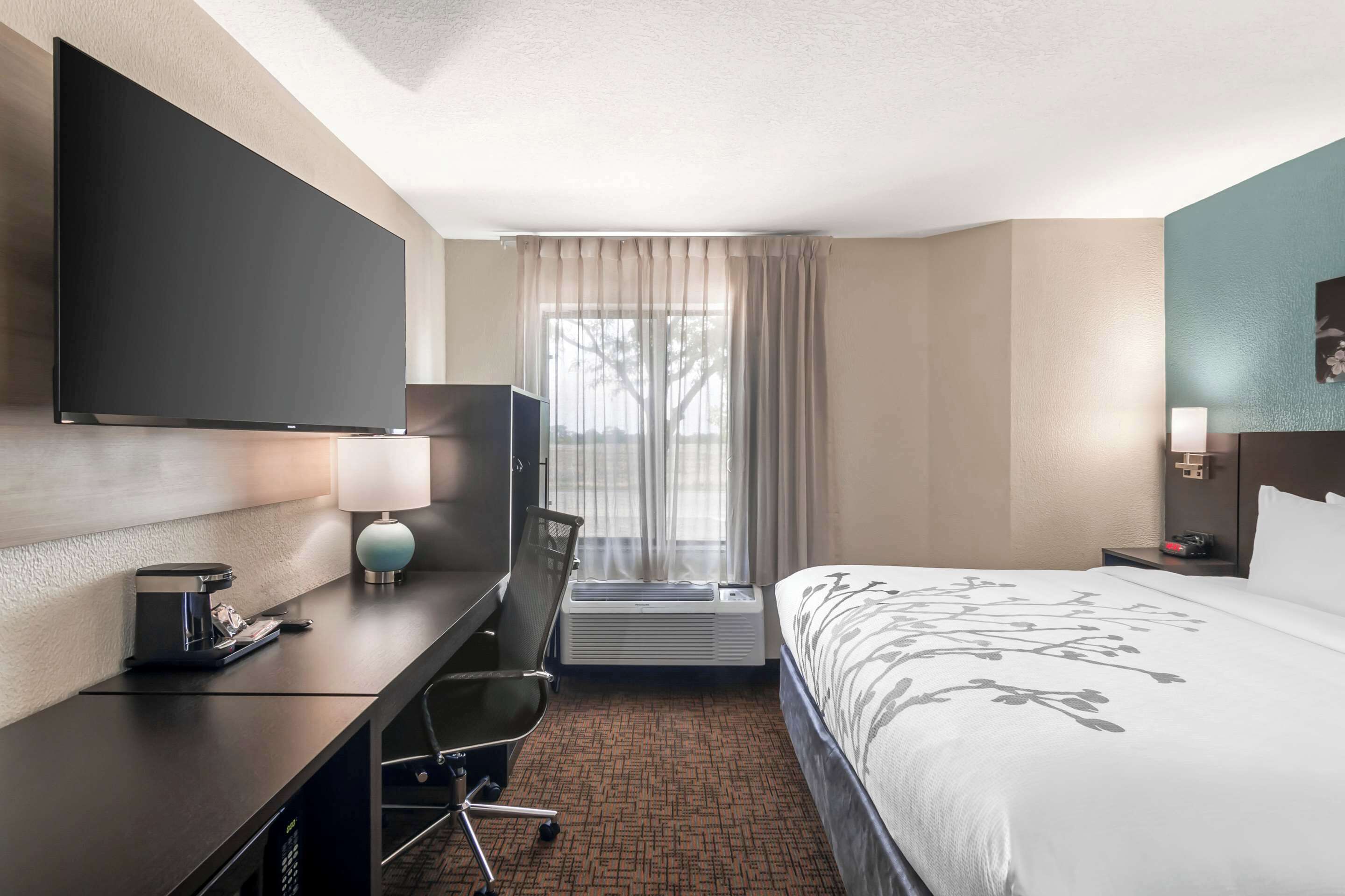 A hotel room with a bed, a desk with a lamp, a chair, a TV, and a window with curtains.