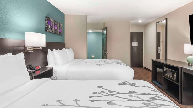 A hotel room with two beds, a desk with a lamp, a TV, and a microwave. - Sleep Inn Olathe - Kansas City (Olathe)
