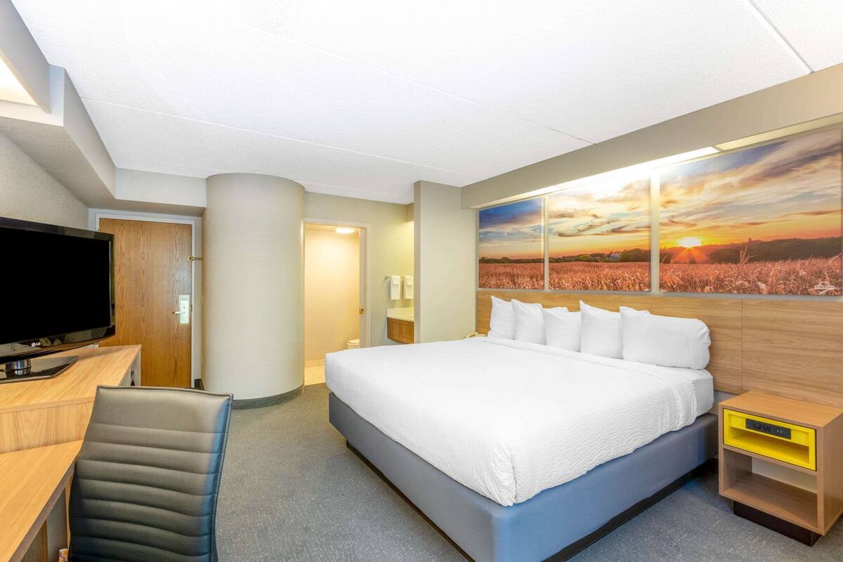 Habitación de hotel con una cama grande, un escritorio con silla, un televisor y un cuadro de una puesta de sol.